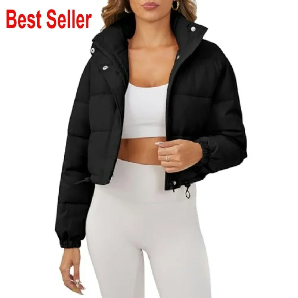 Cropped Puffer Jacket Oversized Quilted Lightweight Stand Collar Zip Up